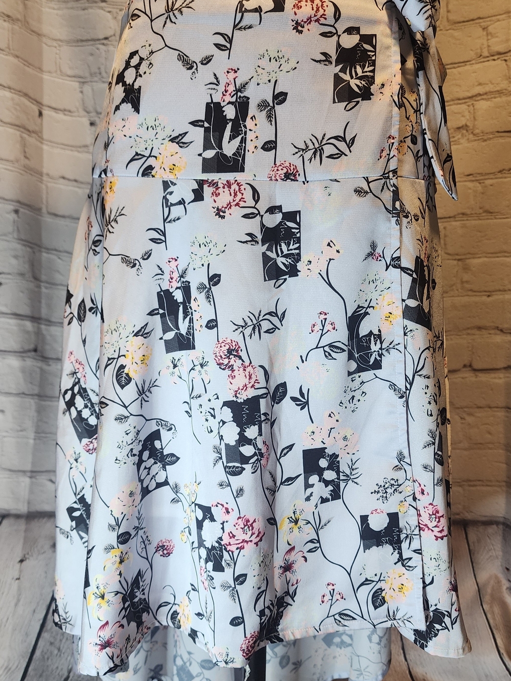 InShop Floral Wrap Skirt in White with Black & Soft Pink Blooms